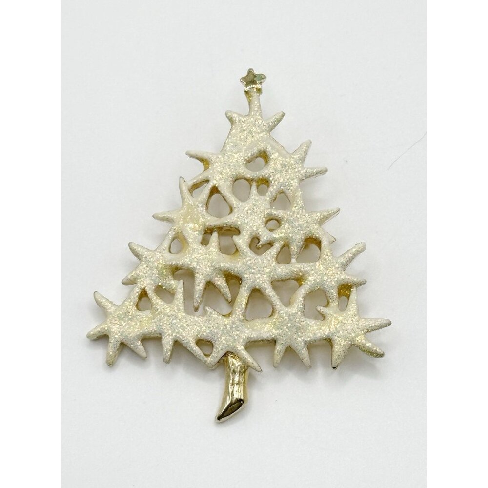 Fanciful Kirks Folly Signed Irridescent Glittery Star Christmas Tree Brooch Pin